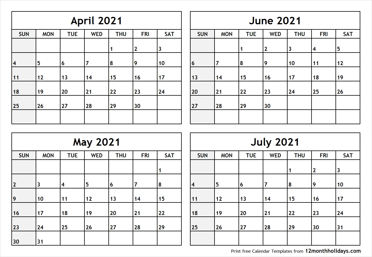 Printable Blank Four Month April May June July 2021 Calendar Template May-July 2021 Calendar