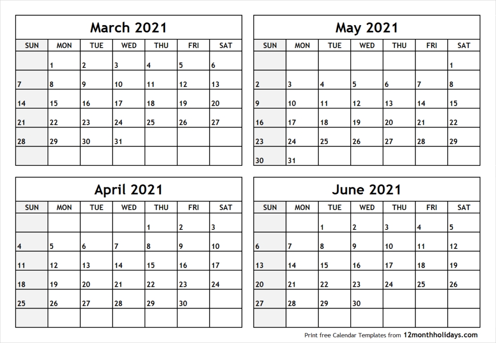 Printable Blank Four Month March April May June 2021 Calendar Template Blank April May June 2021 Calendar