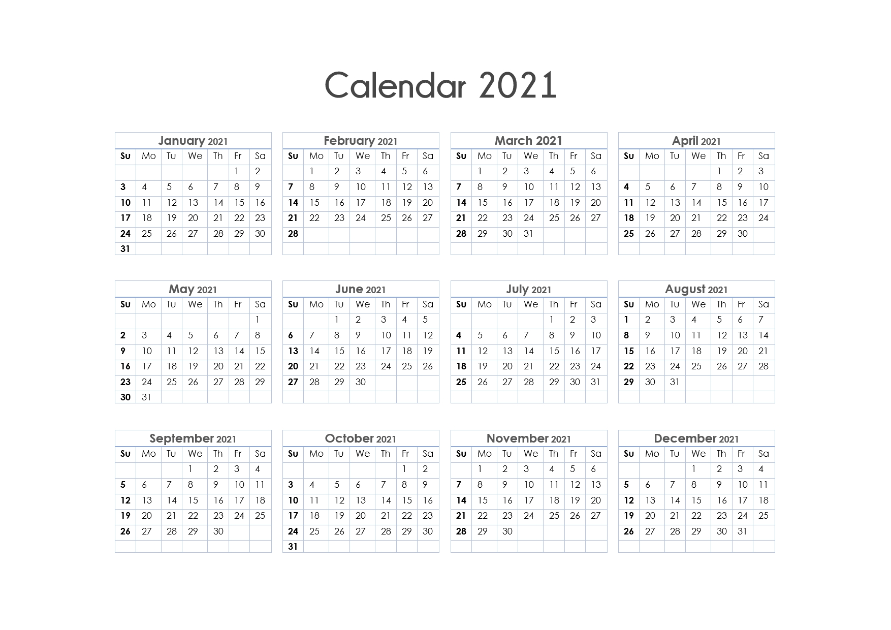 Printable Calendar 2021 One Page, Yearly Calendar, Blank Calendar Single Page September 2021 School Calendar