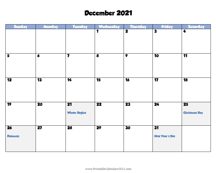 Printable Calendar December 2021, Printable 2021 Calendar With Holidays December 2021 Calendar Excel