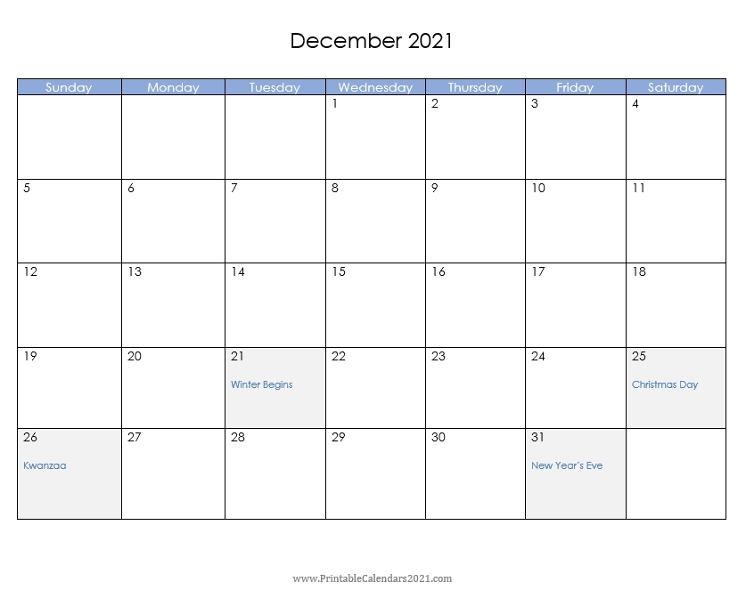 Printable Calendar December 2021, Printable 2021 Calendar With Holidays December 2021 Calendar Excel