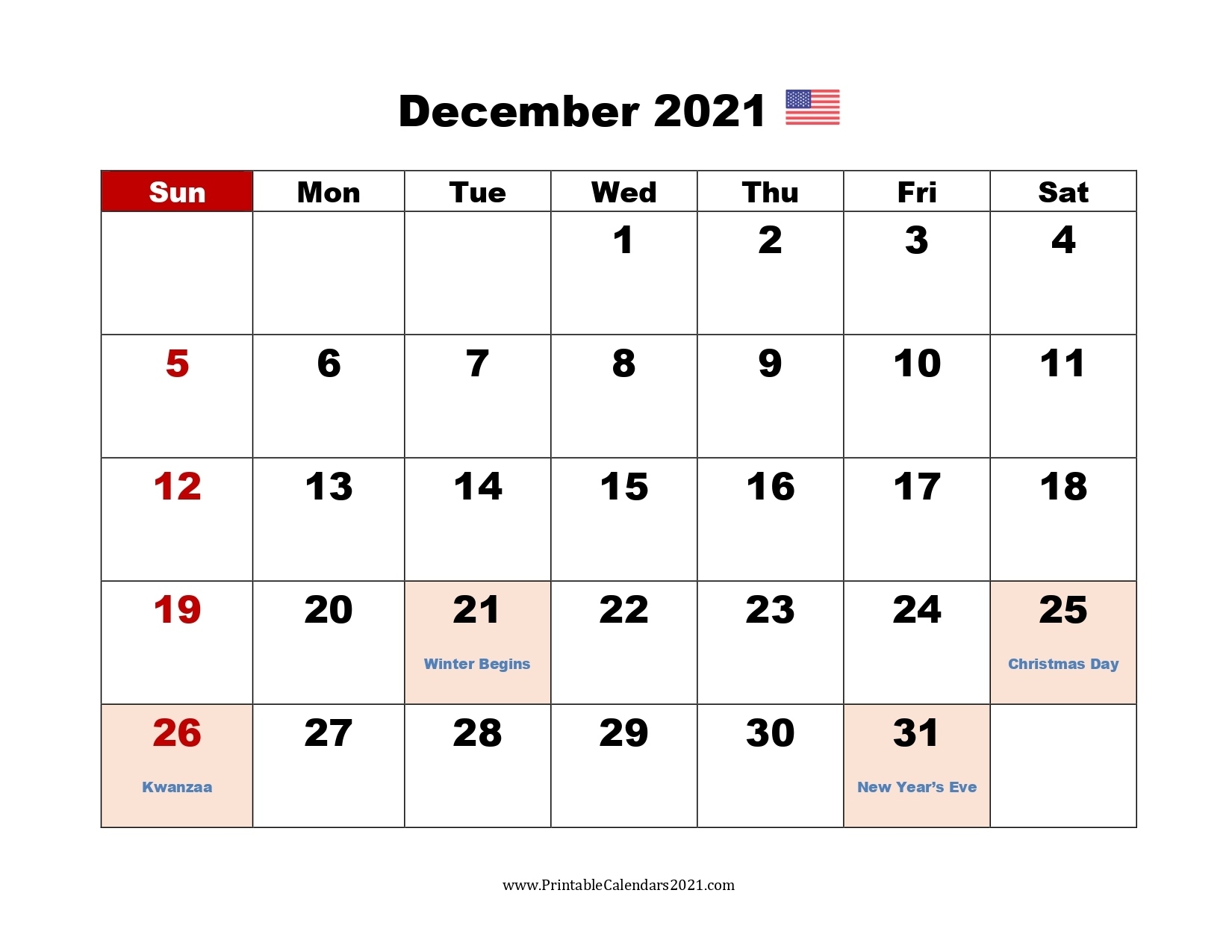 Printable Calendar December 2021, Printable 2021 Calendar With Holidays December 2021 Waterproof Calendar