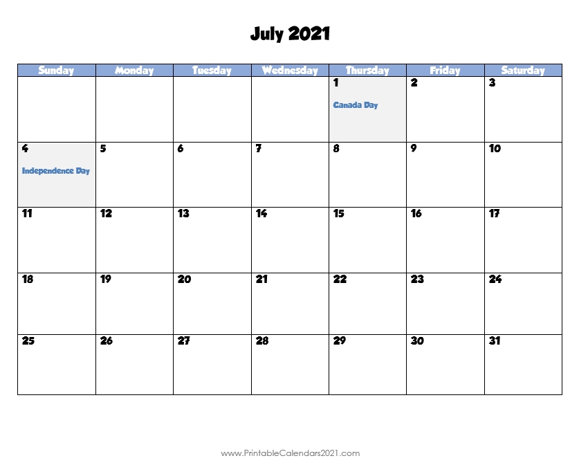 Printable Calendar July 2021, Printable 2021 Calendar With Holidays July 2021 Calendar Month