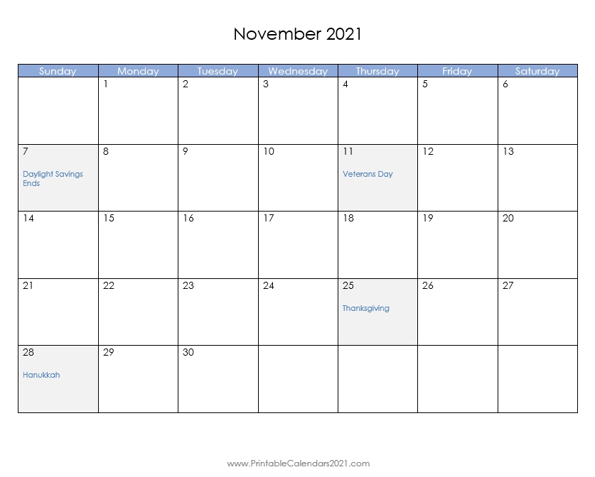 Printable Calendar November 2021, Printable 2021 Calendar With Holidays November 2021 Calendar Holidays