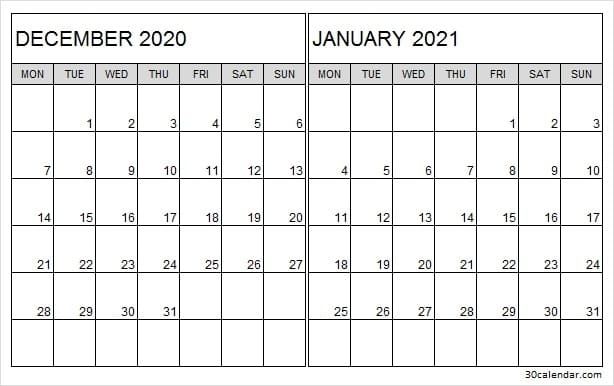 Printable December 2020 January 2021 Calendar - To Do List 2021 December January Calendar