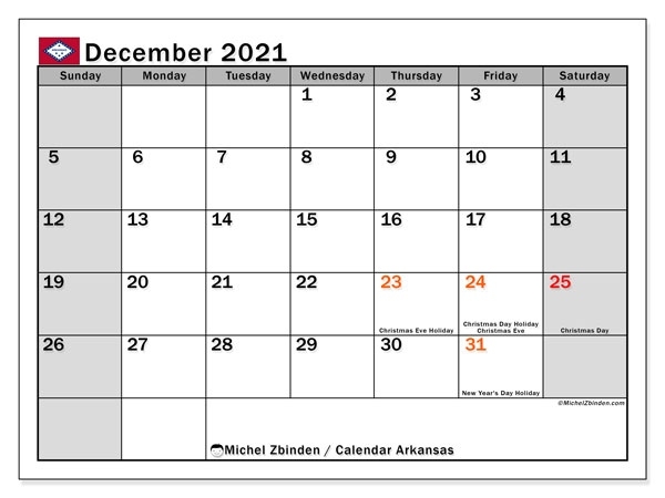 Printable December 2021 &quot;Arkansas&quot; Calendar - Michel Zbinden En December 2021 Odia Calendar