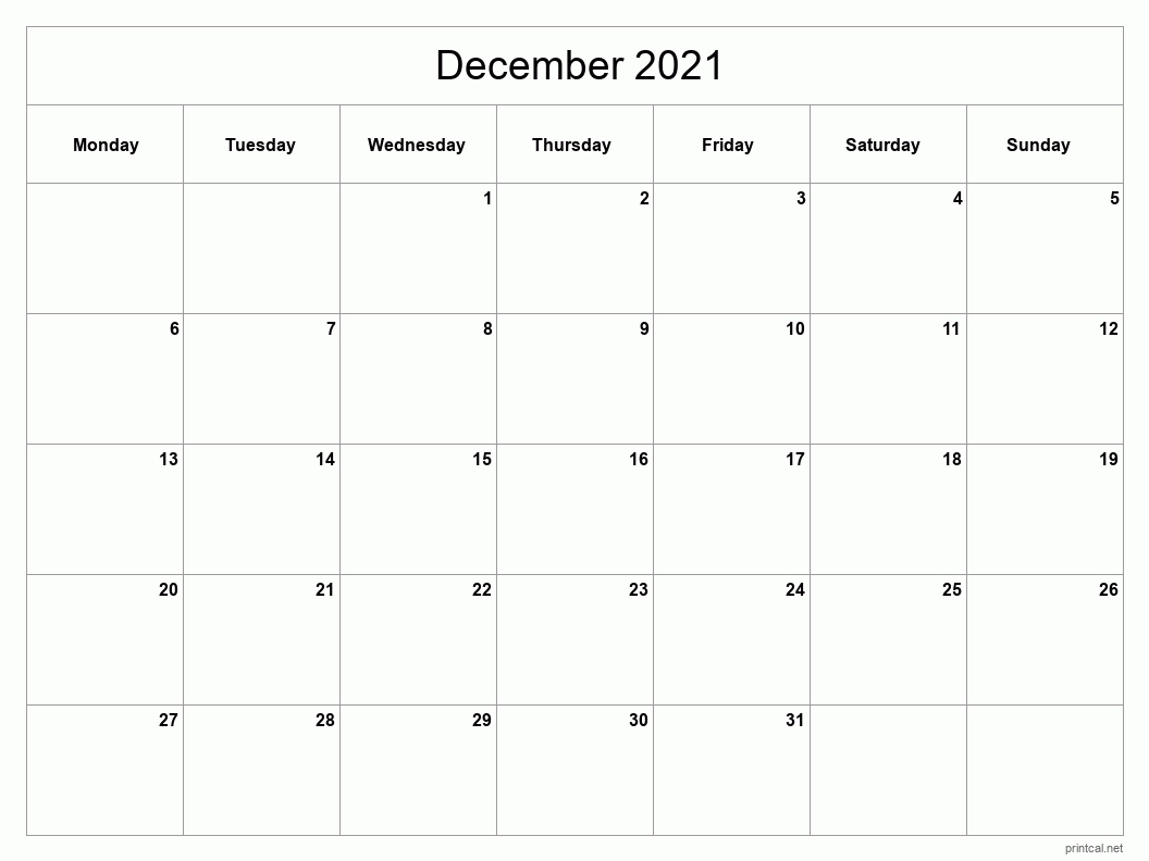 Printable December 2021 Calendar - Classic Blank Sheet Www.a-Printable-Calendar.com December 2021