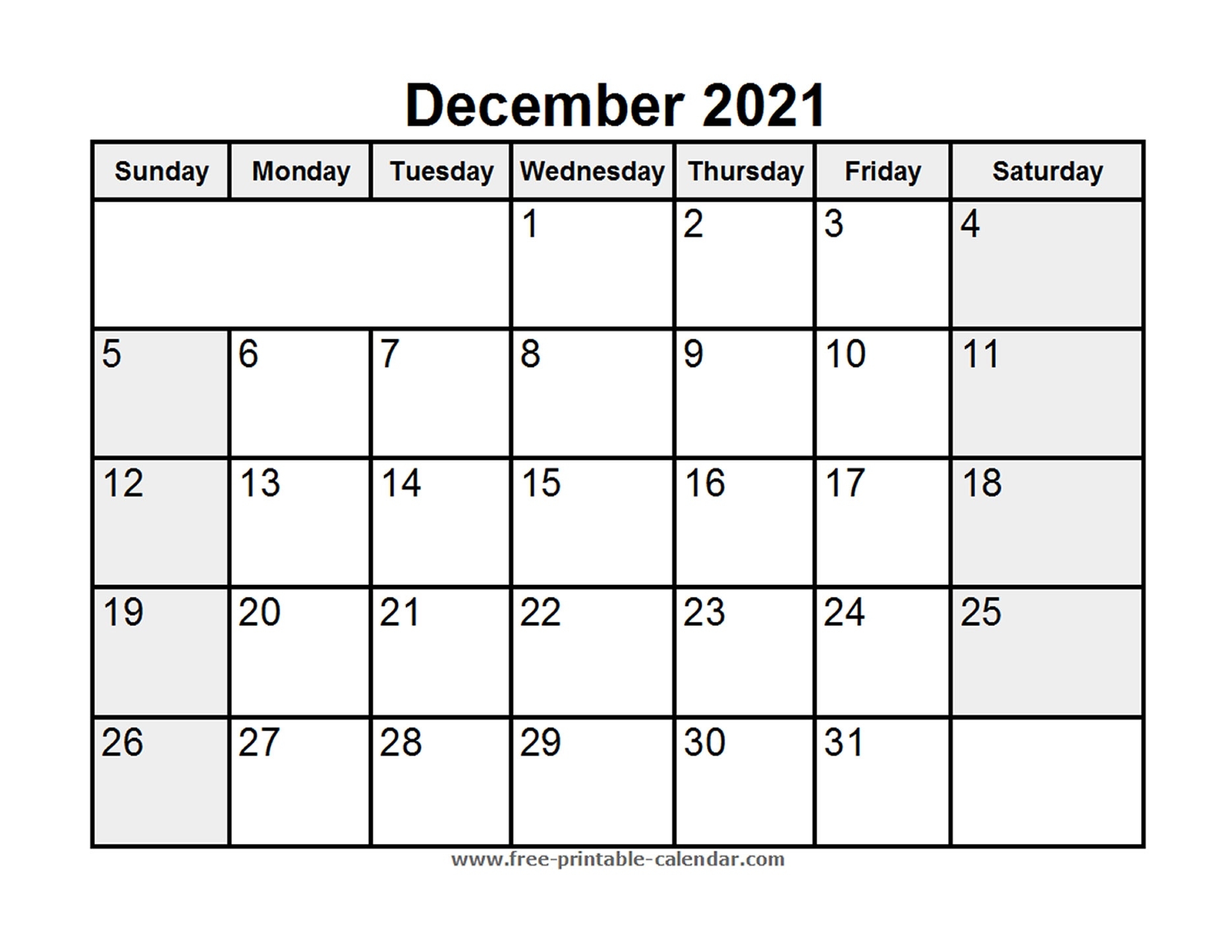 Printable December 2021 Calendar - Free-Printable-Calendar December 2021 Calendar Holidays