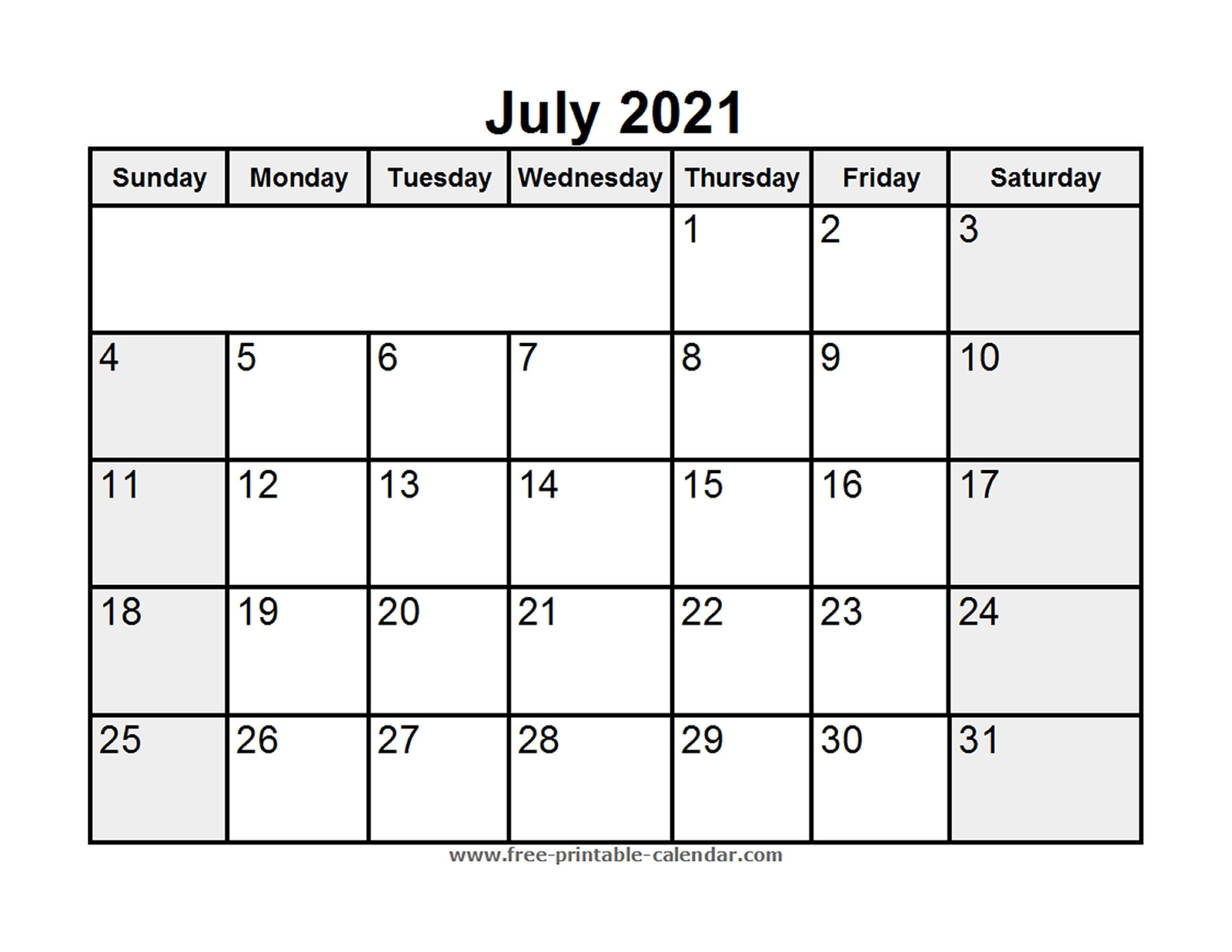 Printable July 2021 Calendar - Free-Printable-Calendar July 2021 Calendar Month