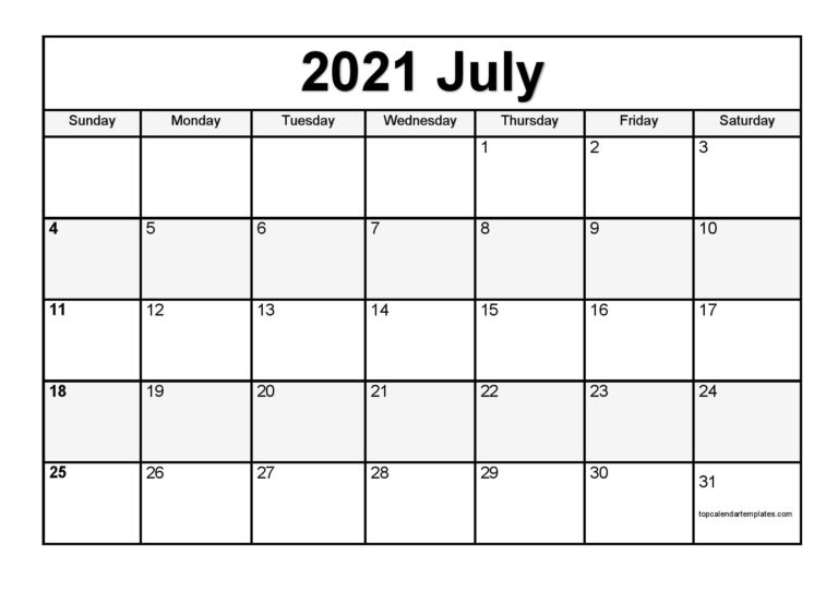 Printable July 2021 Calendar Template - Pdf, Word, Excel July 2020 - December 2021 Calendar