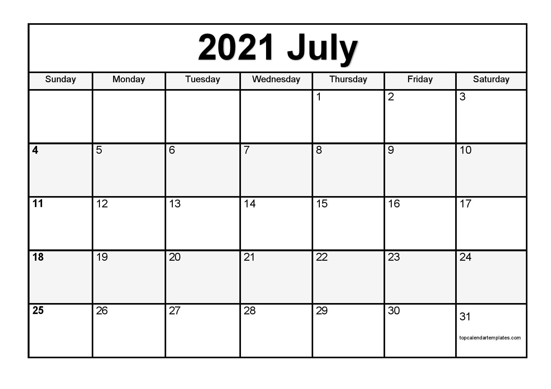 Printable July 2021 Calendar Template - Pdf, Word, Excel July 2020 - June 2021 Calendar Template