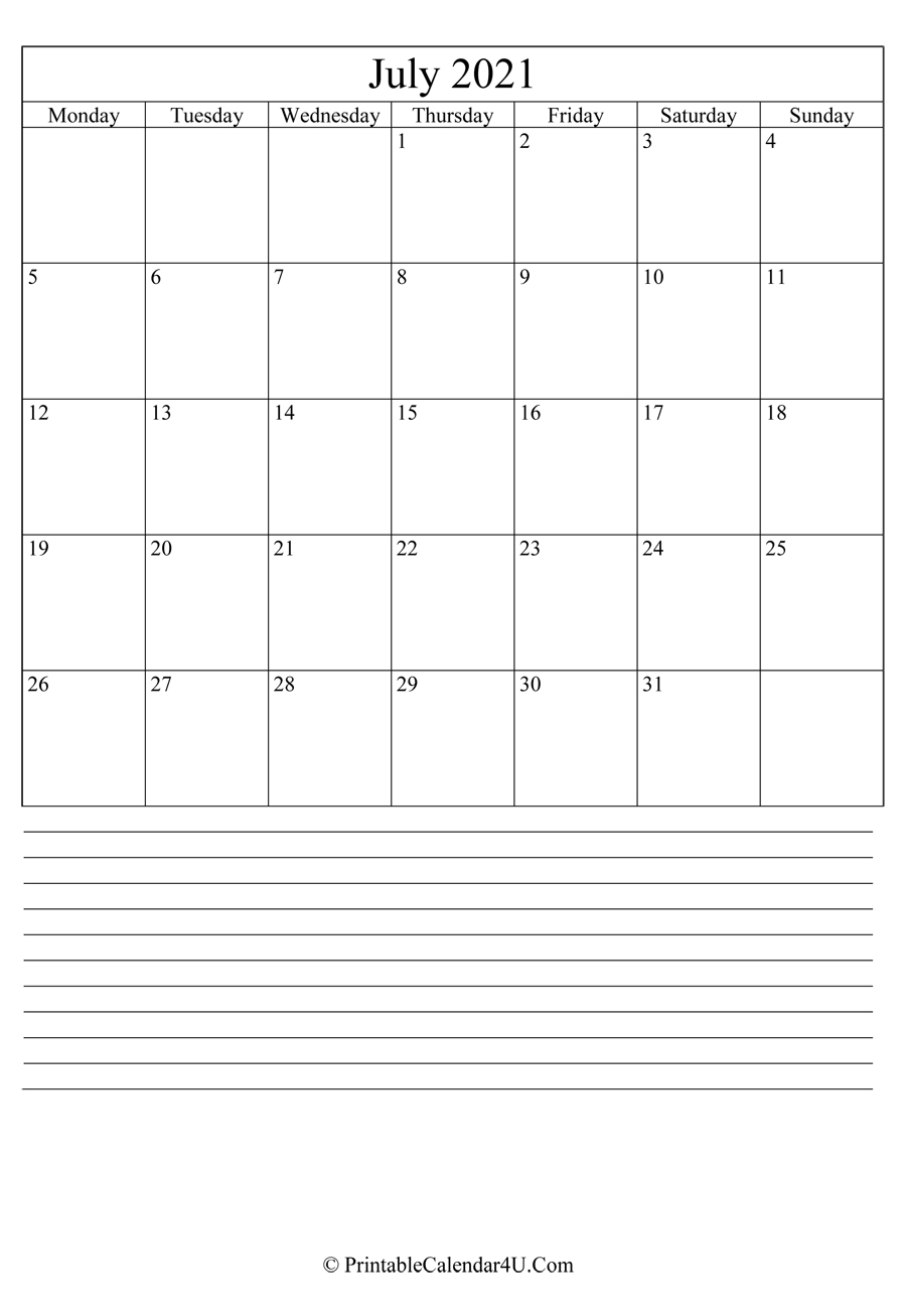 Printable July Calendar 2021 With Notes (Portrait) July 2021 Calendar Editable