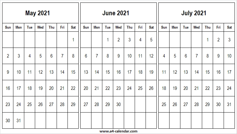 Printable May To July 2021 Calendar Pdf - A4 Calendar May-July 2021 Calendar