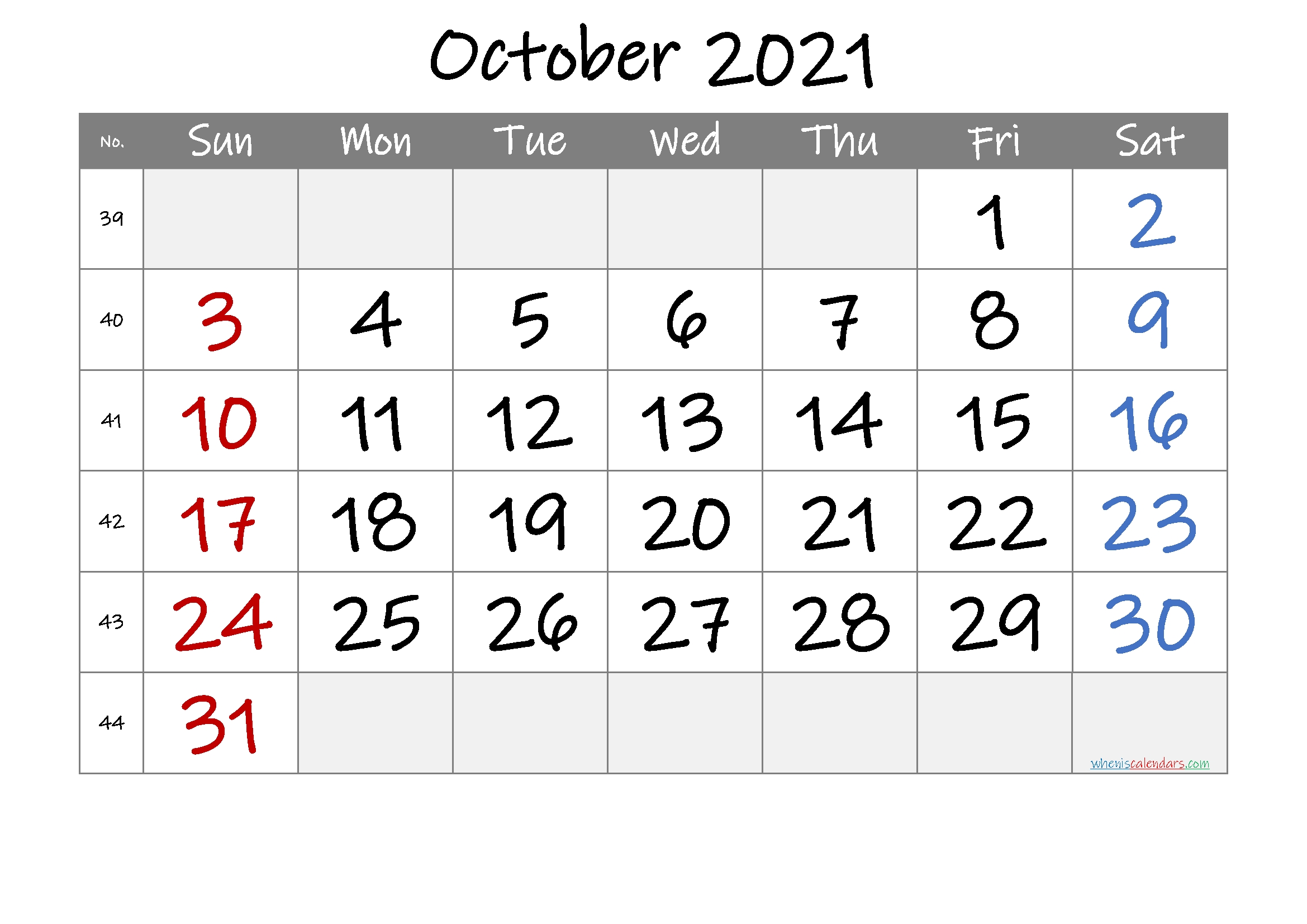 Printable October 2021 Calendar With Week Numbers October 2021 Blank Calendar