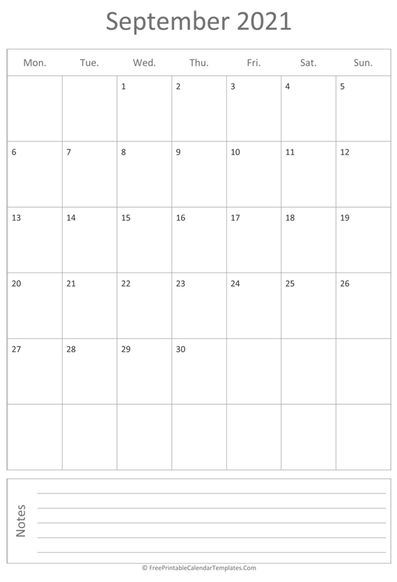 Printable September Calendar 2021 (Vertical) September 2021 School Calendar