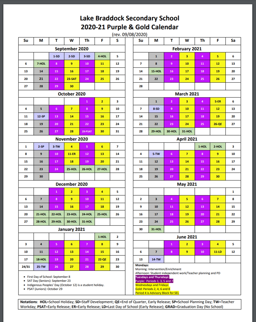 Purple And Gold Calendar | Lake Braddock Secondary School June 2021 Calendar In Spanish