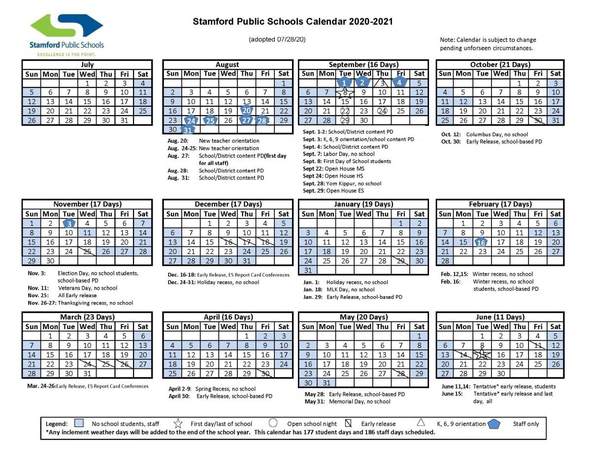 Revised 2020-2021 School Year Calendar | Stamford Public Schools Academic Calendar August 2020 To July 2021