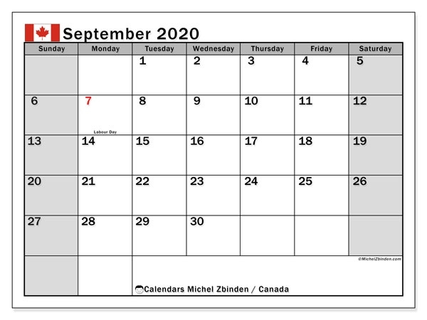 September 2020 Calendar, Canada - Michel Zbinden En September 2020 To March 2021 Calendar