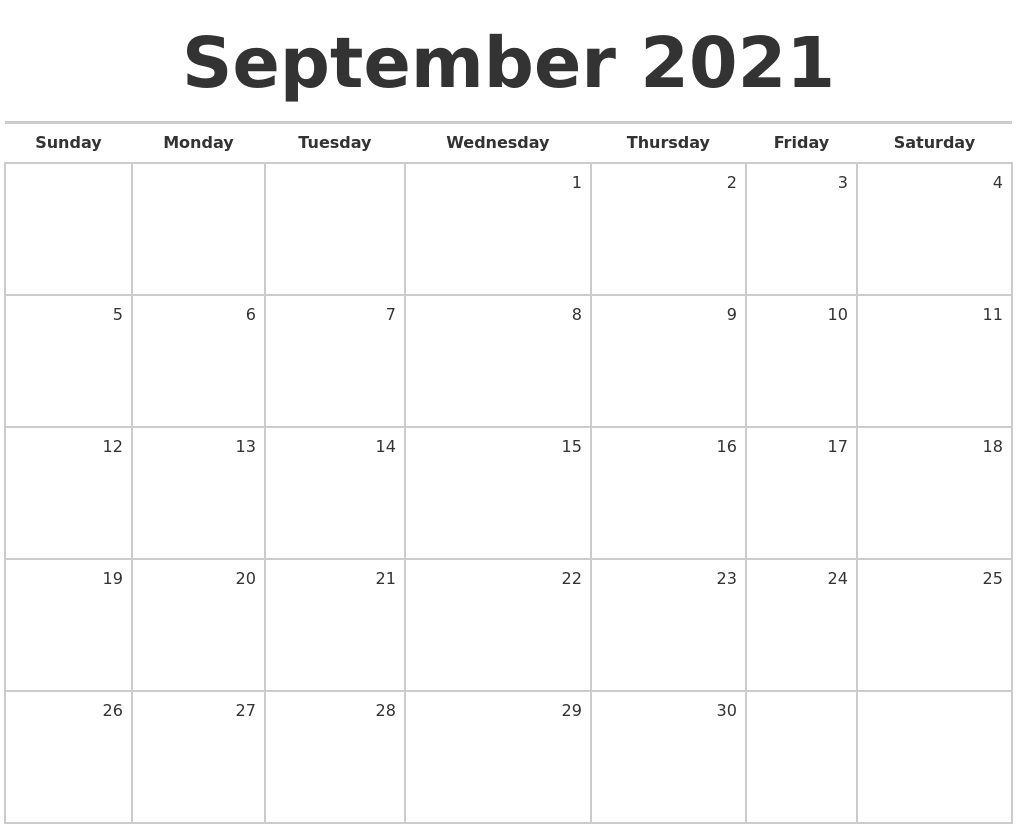 September 2021 Blank Monthly Calendar September 2021 Calendar Reading