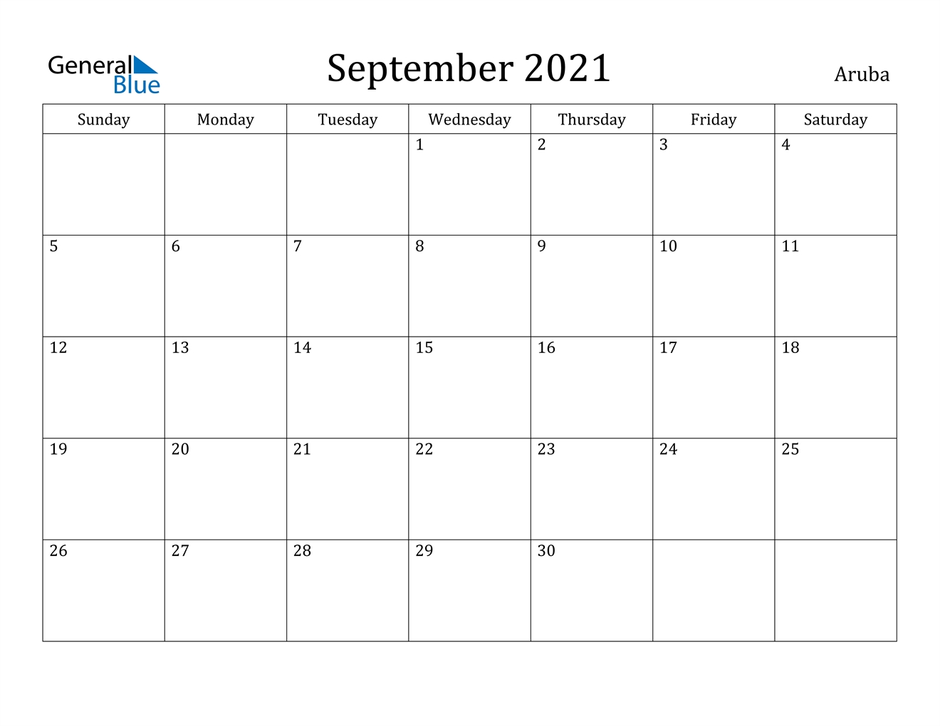 September 2021 Calendar - Aruba Calendar For September And October 2021