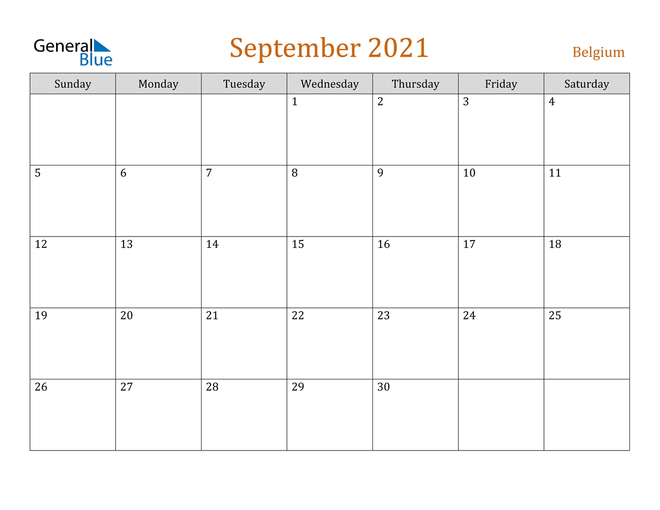 September 2021 Calendar - Belgium September 2021 Calendar Download