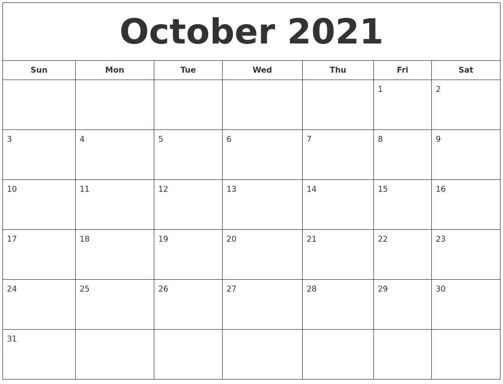 September 2021 Calendar Blank October 2021 Calendar