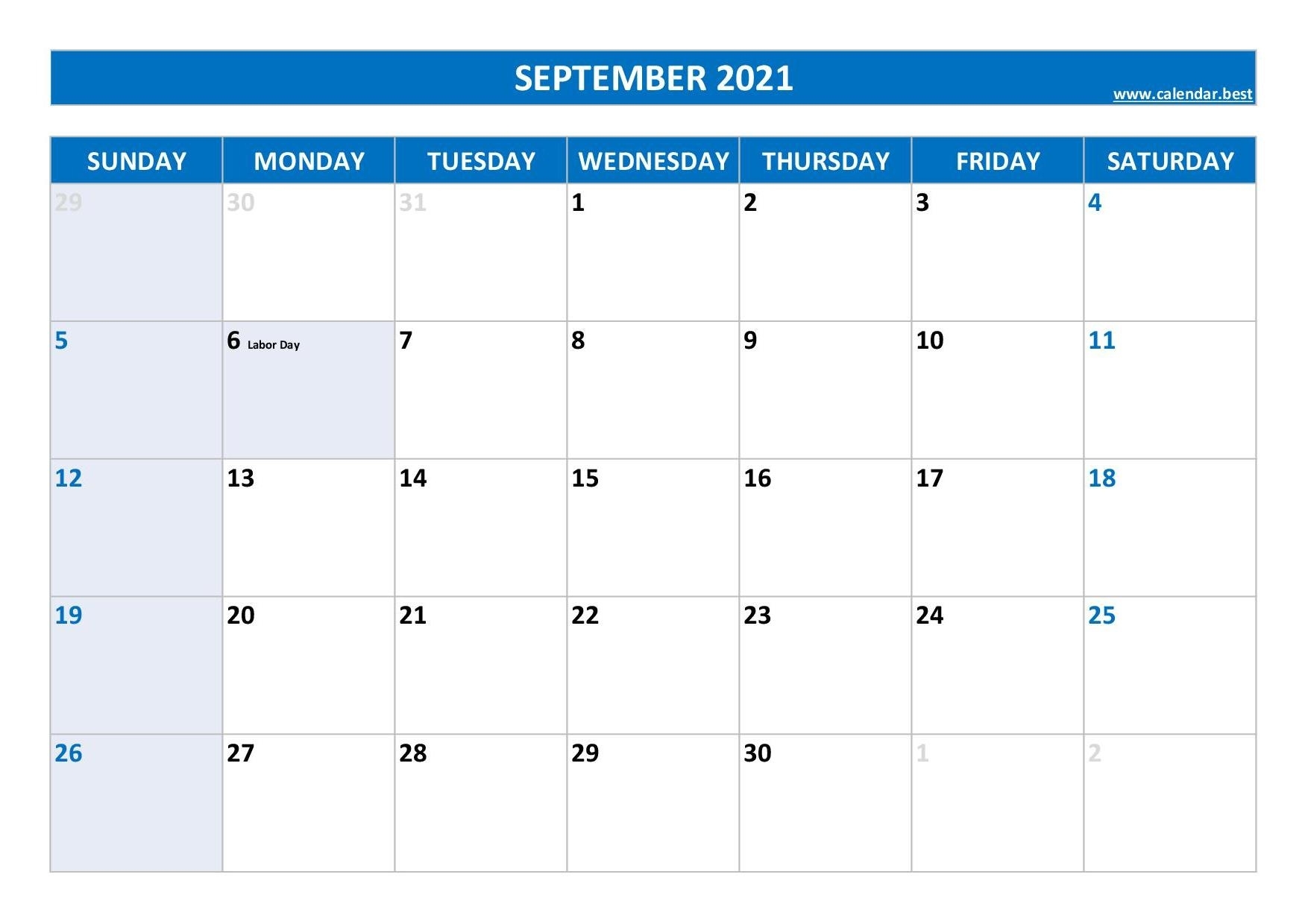 September 2021 Calendar -Calendar.best September 2021 Monthly Calendar