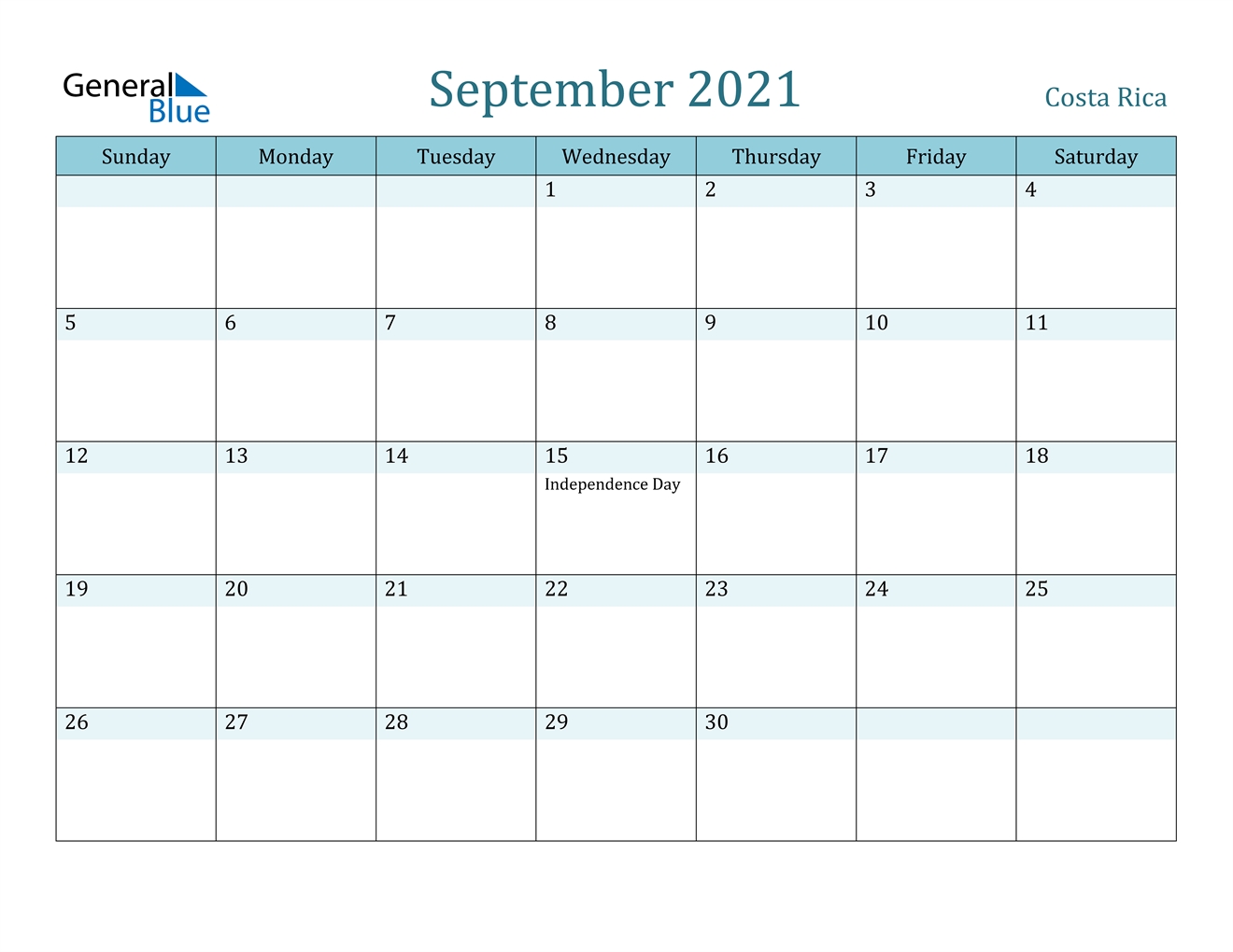 September 2021 Calendar - Costa Rica September 2021 Monthly Calendar