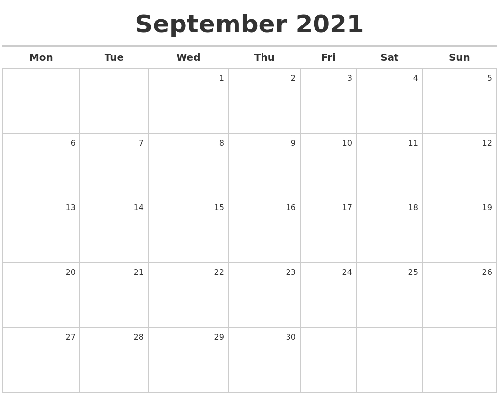 September 2021 Calendar Maker September 2021 Calendar Starting Monday