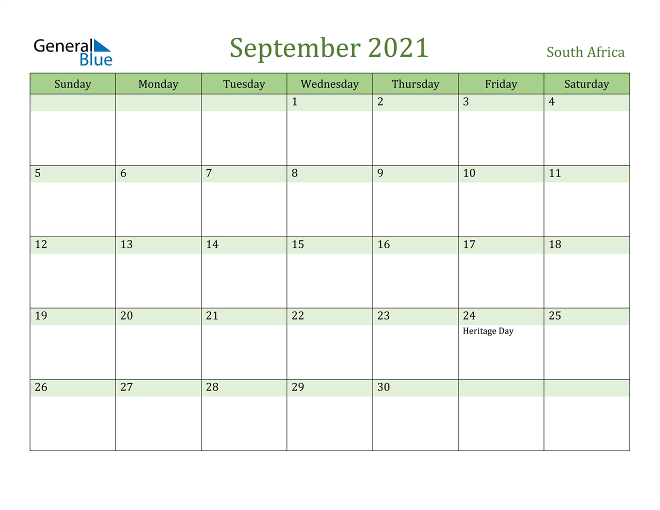 September 2021 Calendar - South Africa September 2021 Calendar With Holidays Printable