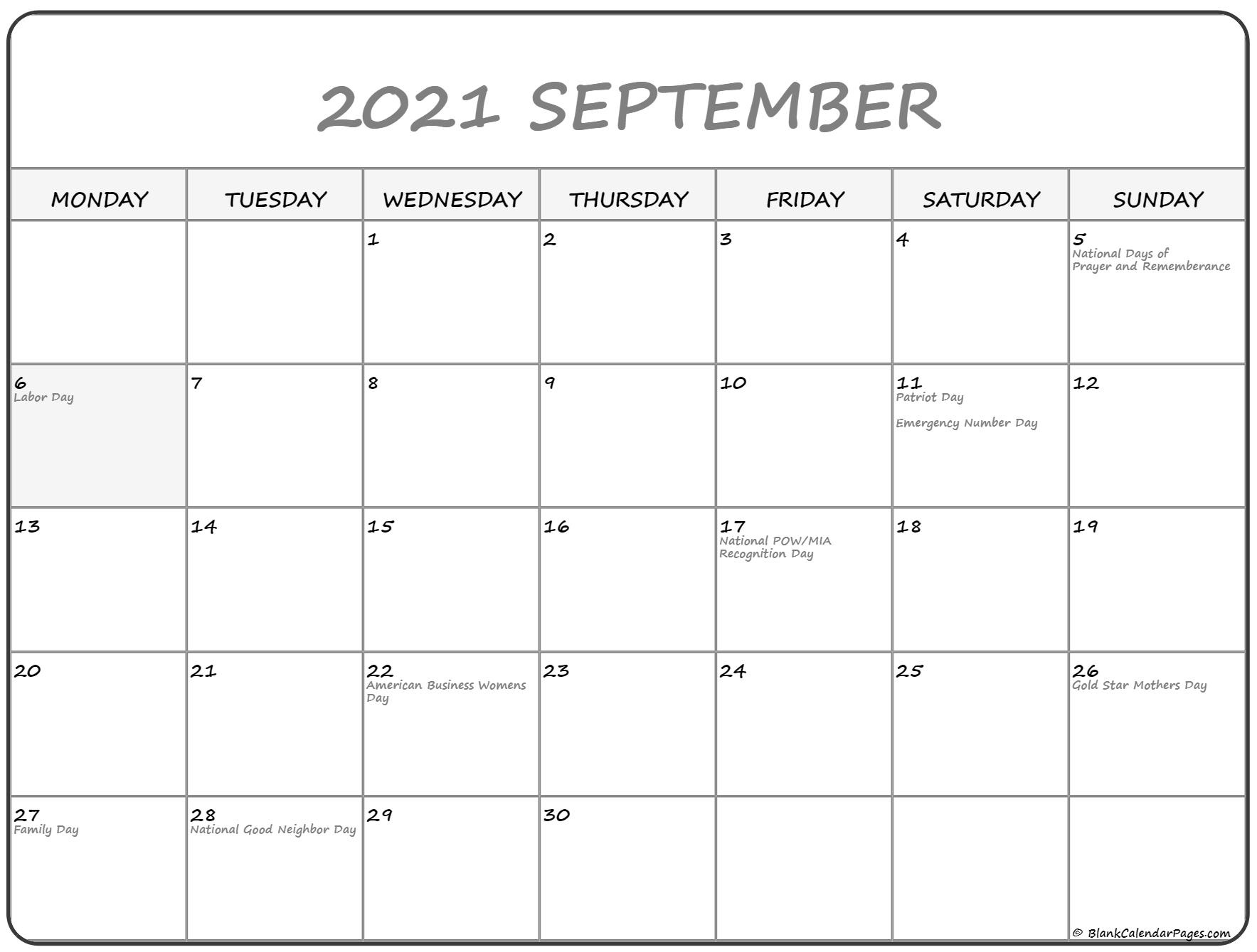 September 2021 Monday Calendar | Monday To Sunday Blank Calendar Pages September 2021