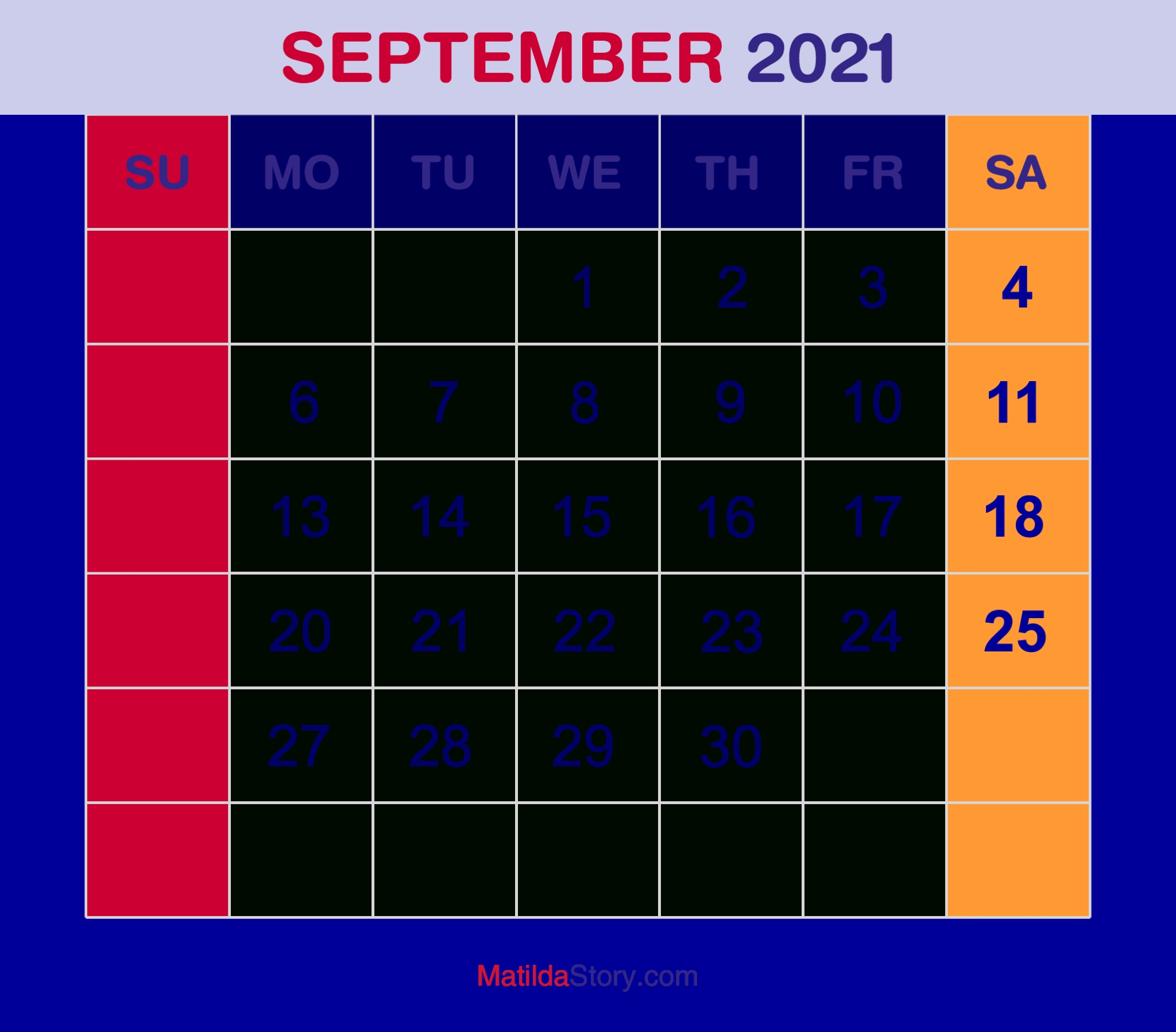 September 2021 Monthly Calendar, Monthly Planner, Printable Free - Sunday Start - Matildastory September 2021 Monthly Calendar