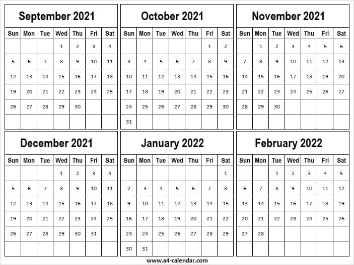 September 2021 To February 2022 Calendar A4 Sheet - A4 Calendar September And October 2021 Calendar