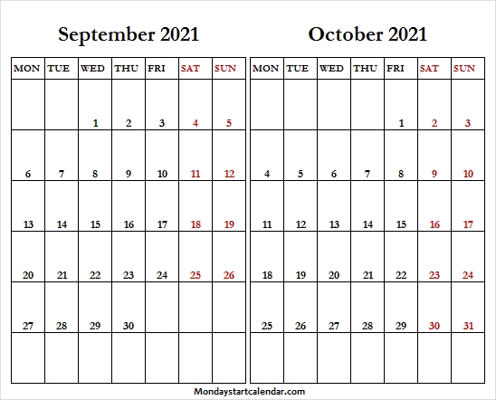 September October 2021 Calendar Mon Fri - Sep 2021 Calendar Excel September And October 2021 Calendar