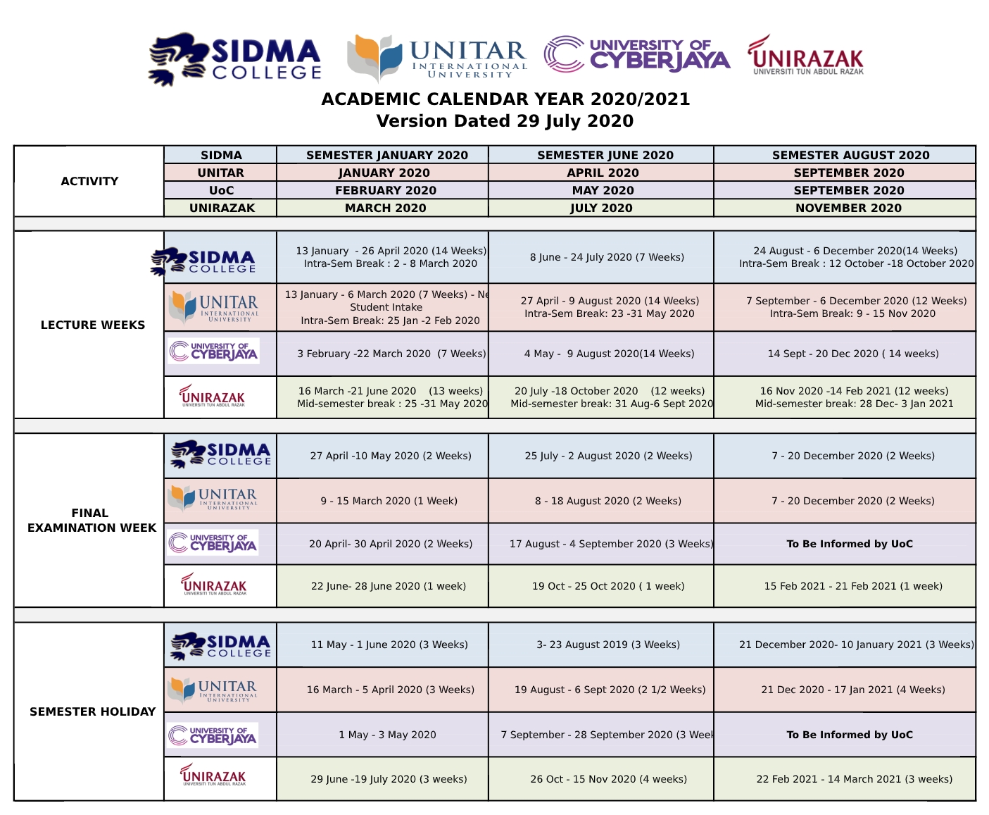 Sidma College | Academic Calendar July 2021 Calendar Malaysia