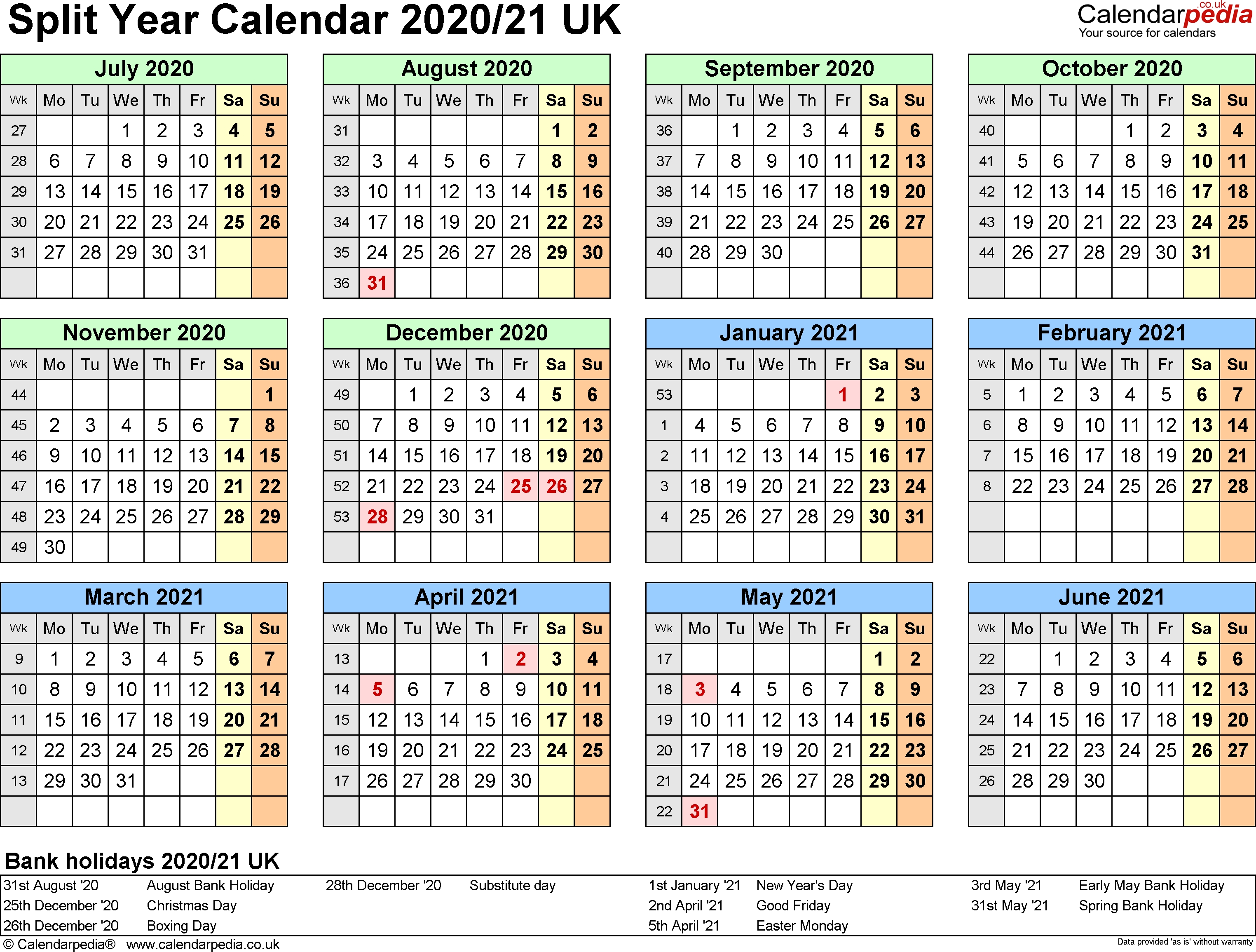 Split Year Calendars 2020/21 Uk (July To June) For Word Academic Calendar August 2020 To July 2021