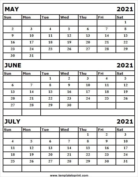 Three Month Calendar May To July 2021 - Calendar 2021 Free Printable May-July 2021 Calendar