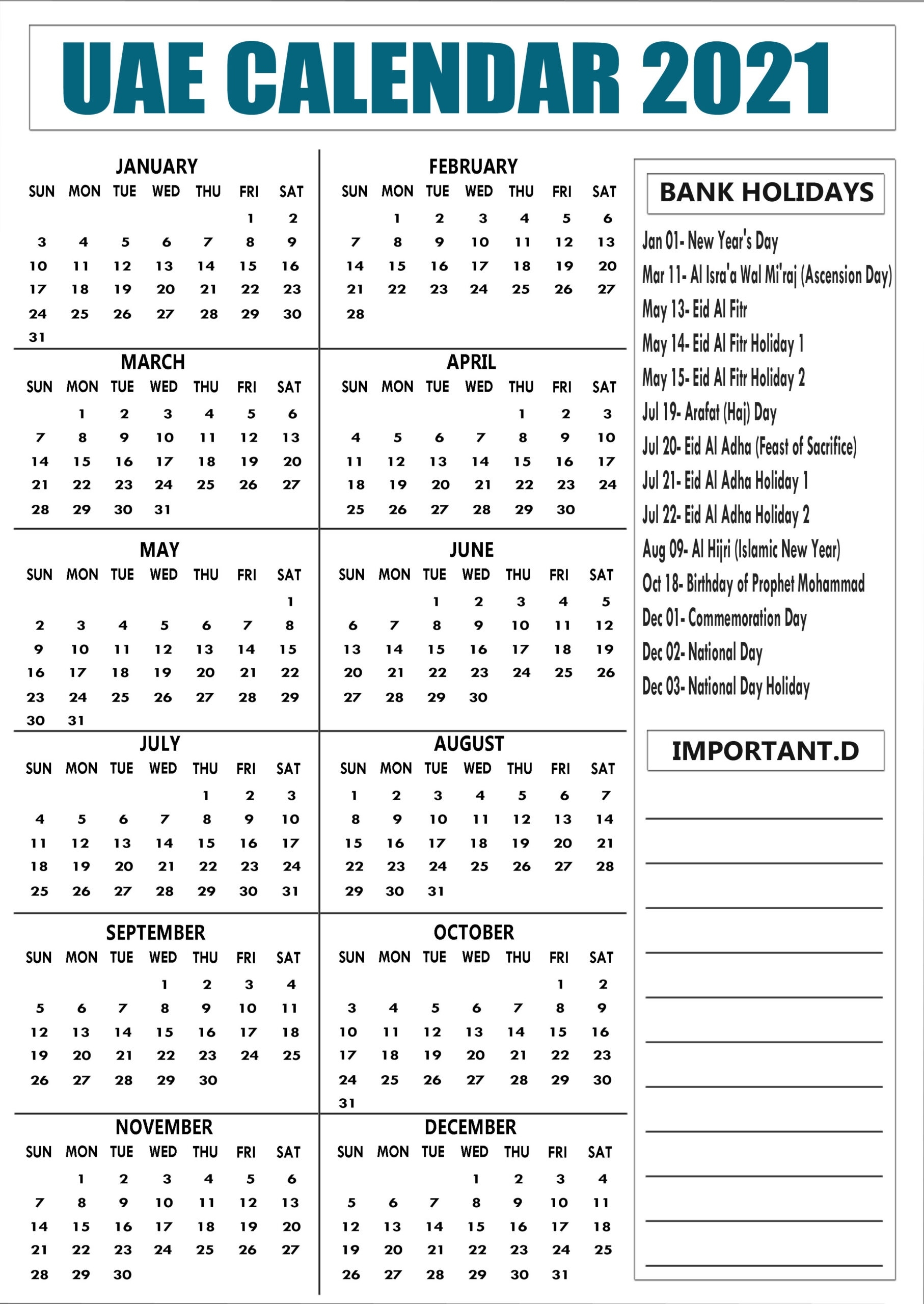 Uae 2021 Calendar With Bank, Public Holidays Printable National Calendar October 2021