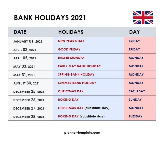 Uk Holiday 2021 Calendar Template - School, Bank, Public Holidays August Dates 2021