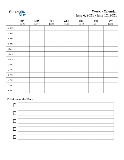 Weekly Calendar - June 6, 2021 To June 12, 2021 - (Pdf, Word, Excel) June 2021 Calendar Template Excel