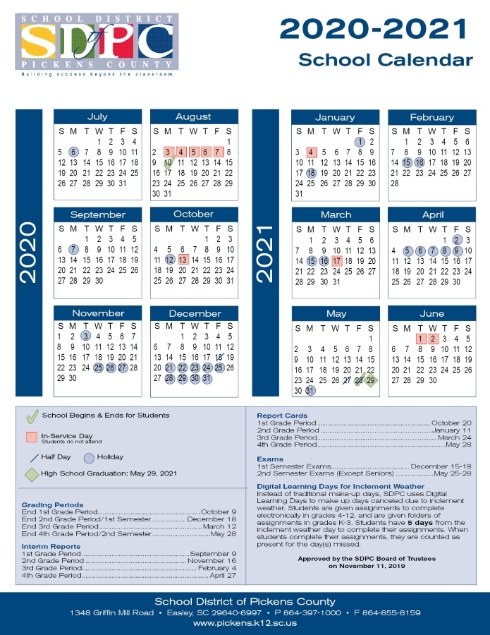 2020-2021 School Calendar - Pickens County School District October 2021 Calendar School Holidays