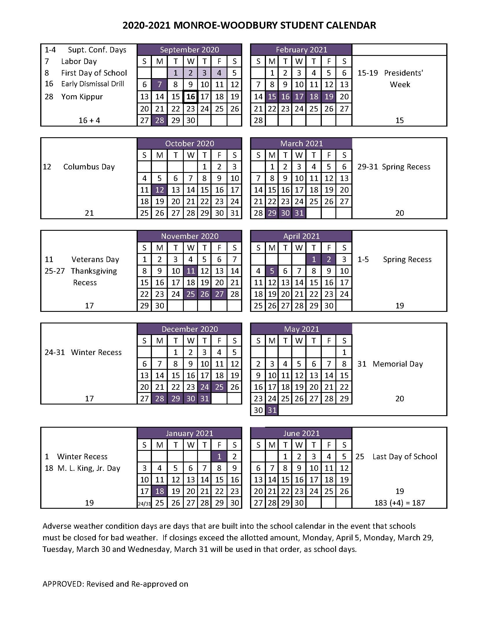 2020-2021 Student Calendar - Monroe-Woodbury Central School District, Central Valley, Ny October 2021 Calendar School Holidays