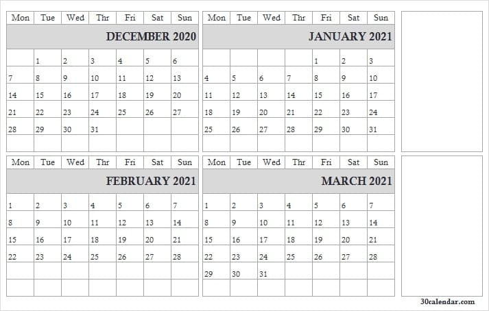 2020 December To 2021 March Blank Calendar - Four Month Calendar December 2020 - March 2021 Calendar