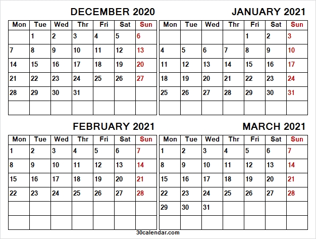 2020 December To 2021 March Blank Calendar - Four Month Calendar December 2020 - March 2021 Calendar
