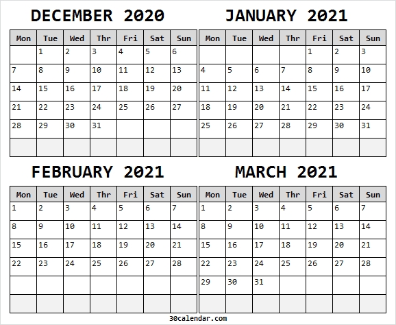 2020 December To 2021 March Printable Calendar - Blank Calendar 2020 December 2020 - March 2021 Calendar