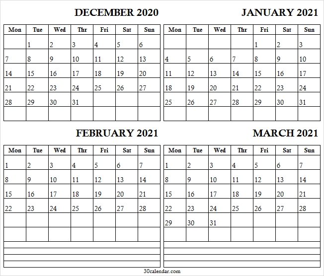 2020 December To 2021 March Printable Calendar - Blank Calendar 2020 Printable Calendar December 2020 To March 2021