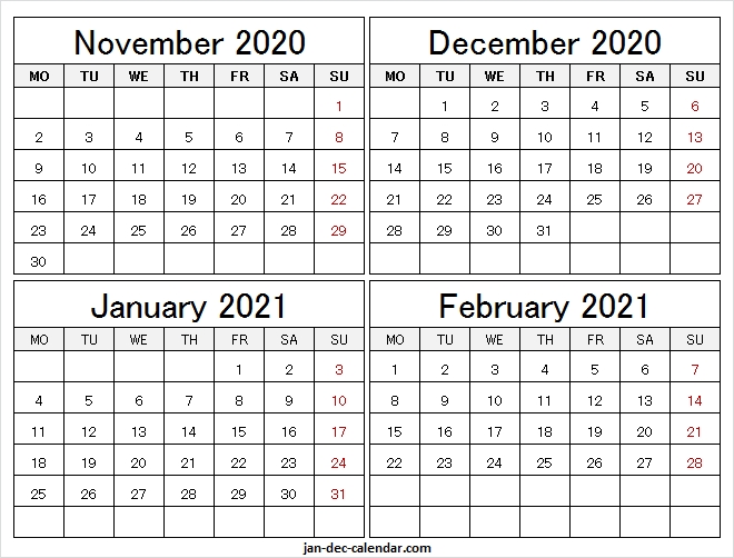 2020 November To 2021 February Calendar A4 - Blank Calendar 2020 Calendar For November And December 2021