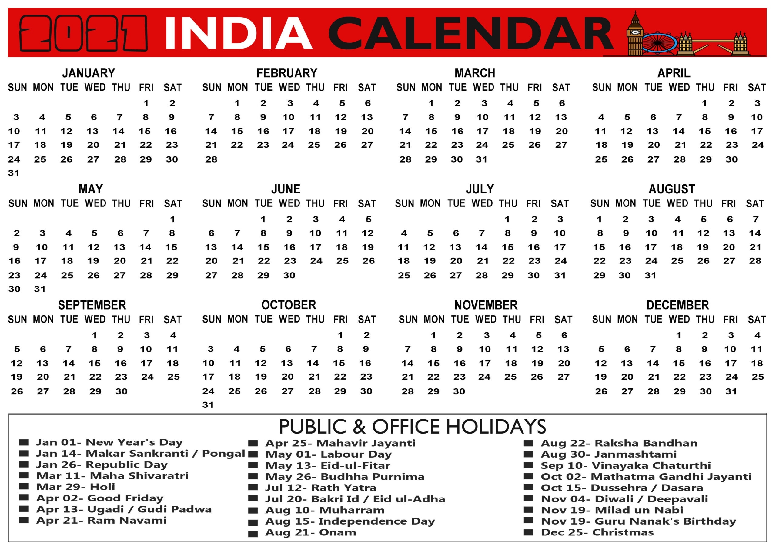 2021 Calendar With India Holidays, Bank, Office, School Printable 28 October 2021 Hindu Calendar