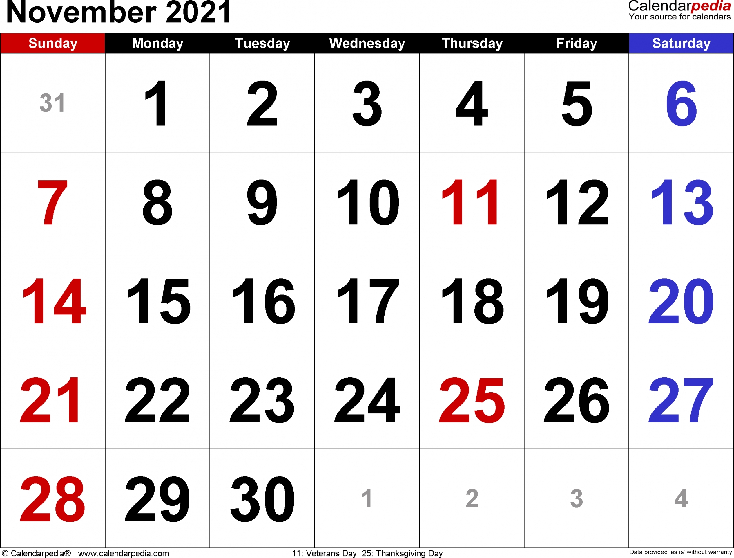 2021 November Calendar Printable | Free Letter Templates November 2021 Calendar Printable