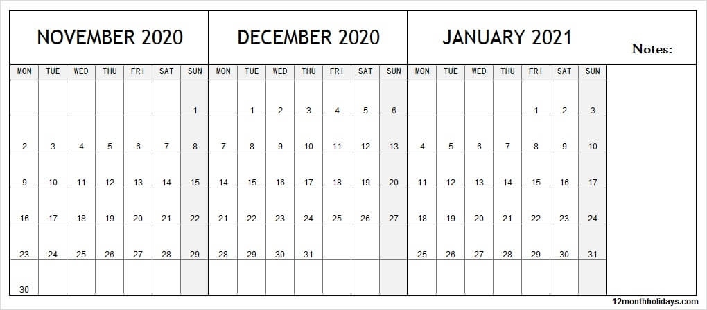 3 Month Calendar November December 2020 January 2021 | To Do List 2021 November December Calendar